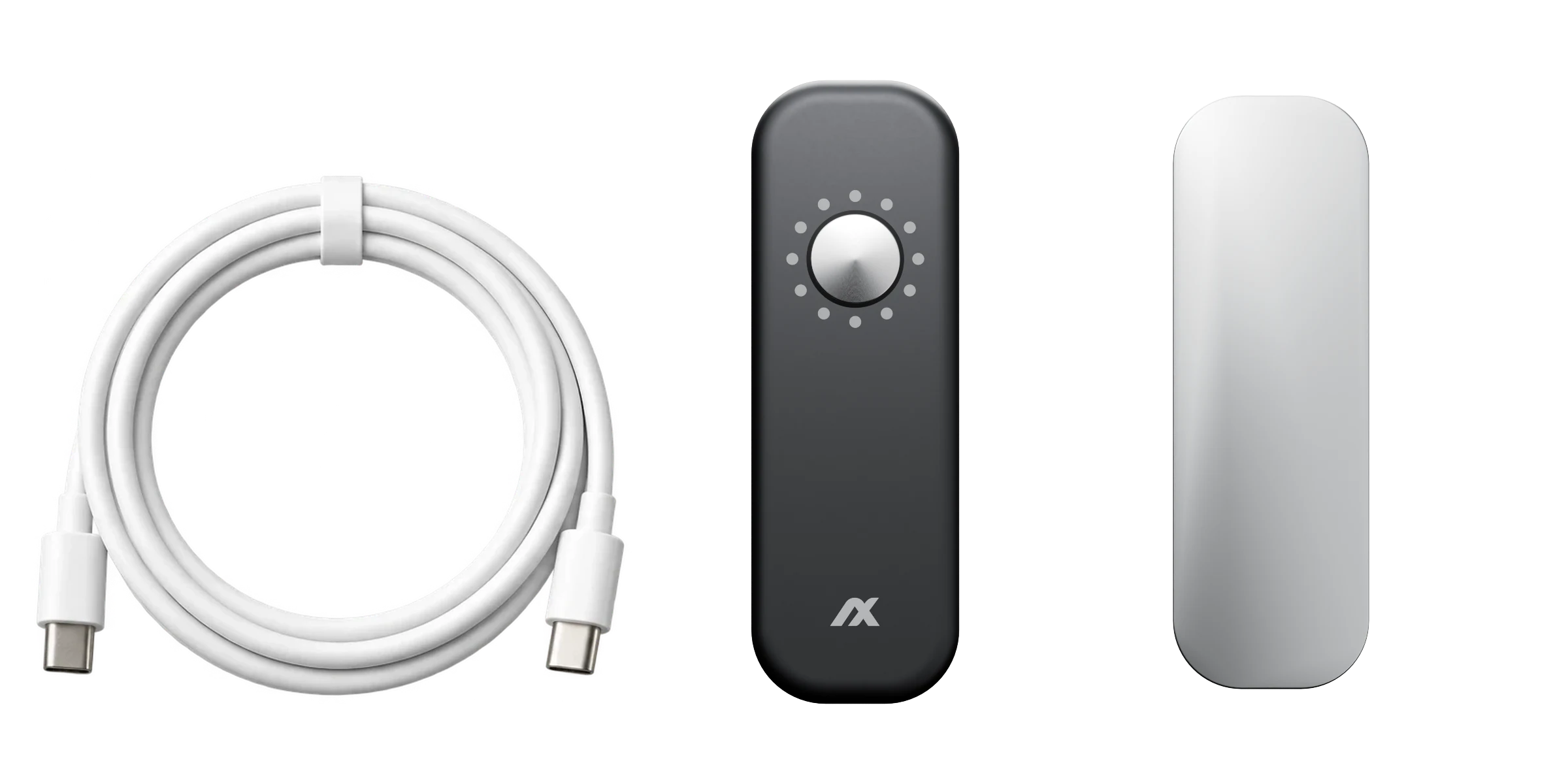 De inhoud van de doos: een opgerolde USB-C-kabel, Ember en de magnetische sticker.